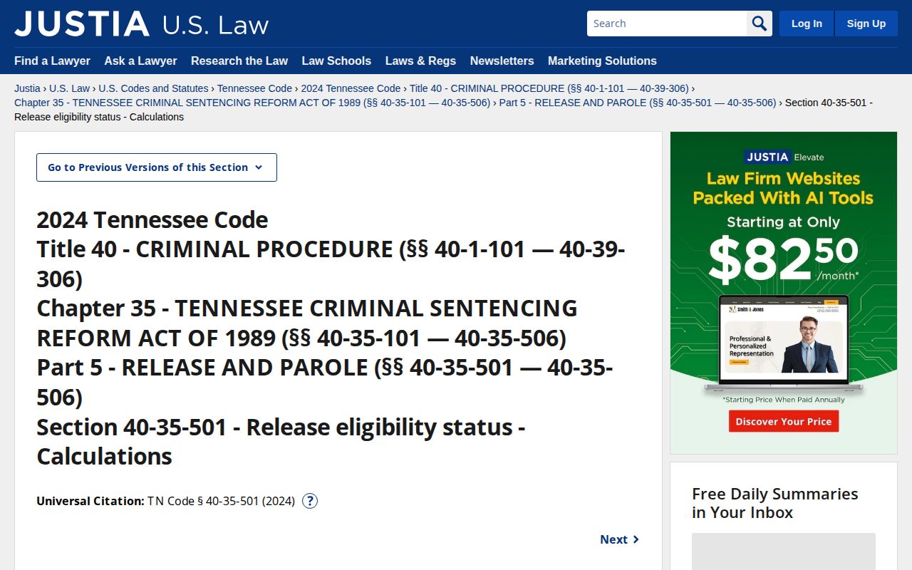 Tennessee statute used for Cannon County projected release date calculations